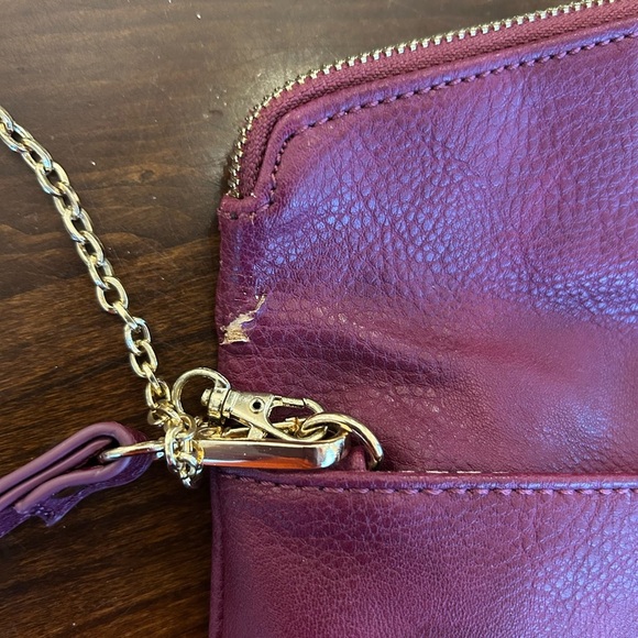 Burgundy Urban Expression Crossbody Vegan leather clutch purse gold detail. - Picture 8 of 10